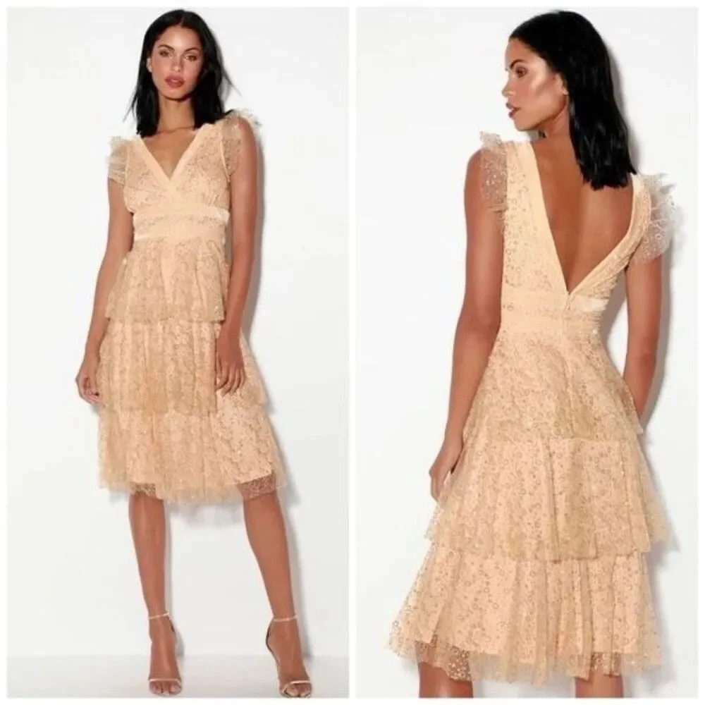 Lulus Stunning Love Nude and Gold Glitter Tiered Midi Dress Size Small